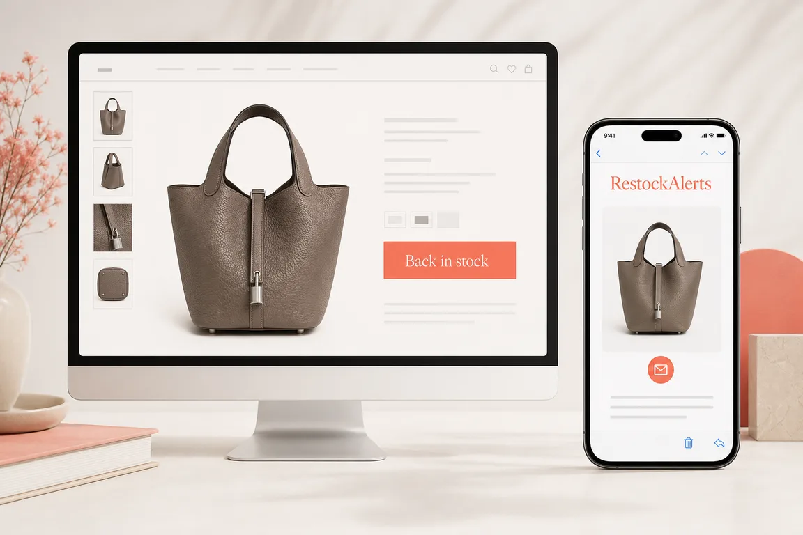 RestockAlerts monitoring a Hermès handbag product page and sending a back-in-stock email alert