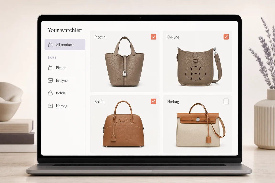 RestockAlerts watchlist showing multiple Hermès handbag product families selected for monitoring