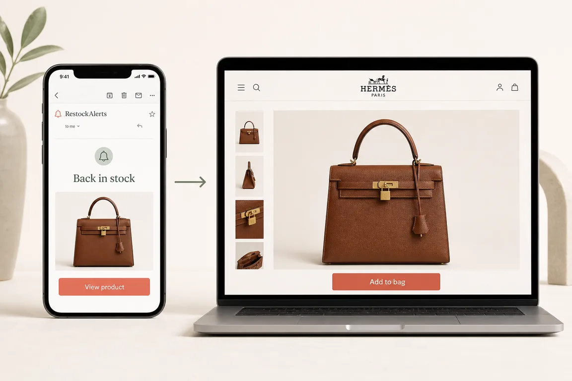 RestockAlerts back-in-stock email linking directly to a Hermès handbag product page