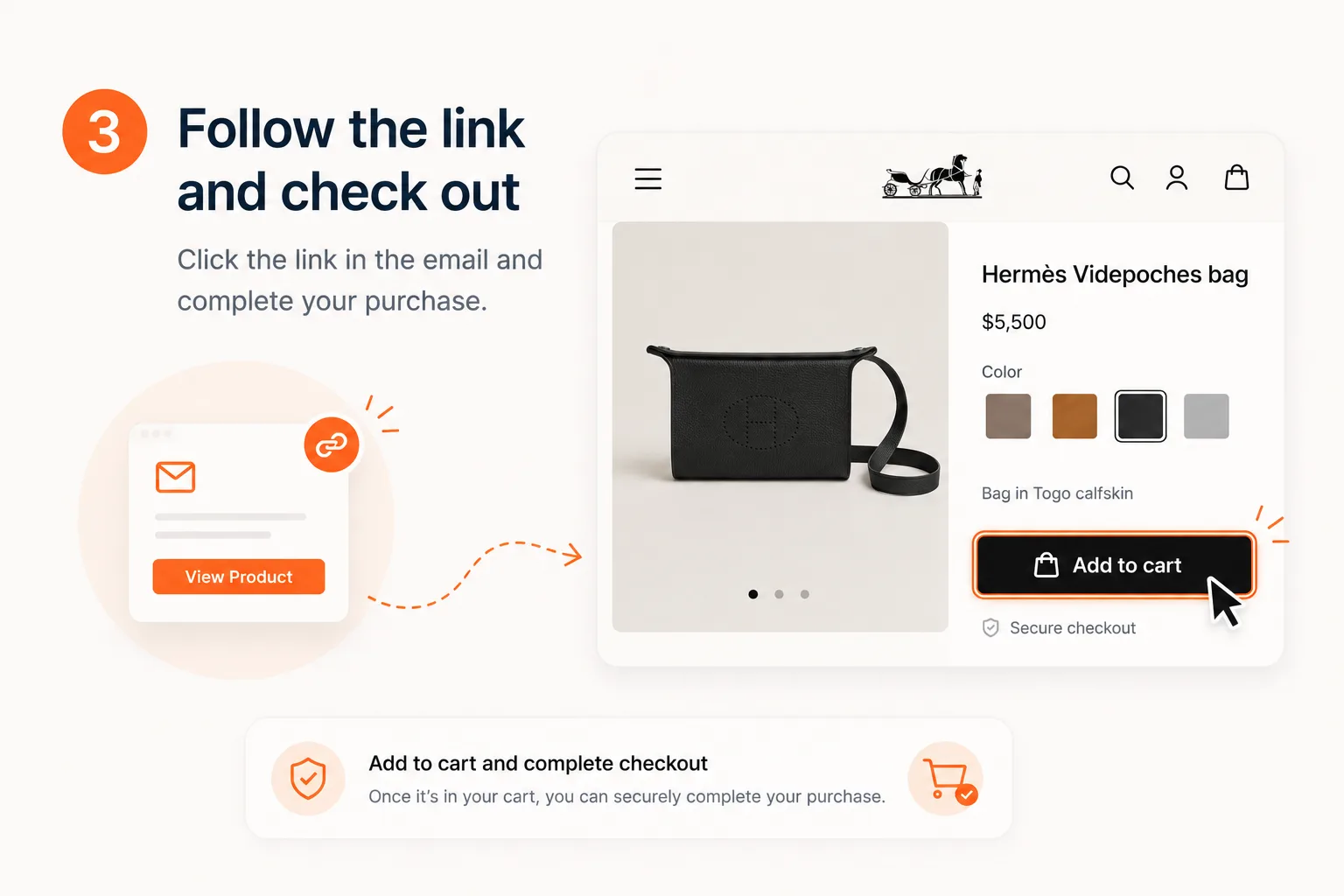 Hermès product page with an Add to cart button, ready for checkout after receiving a restock alert