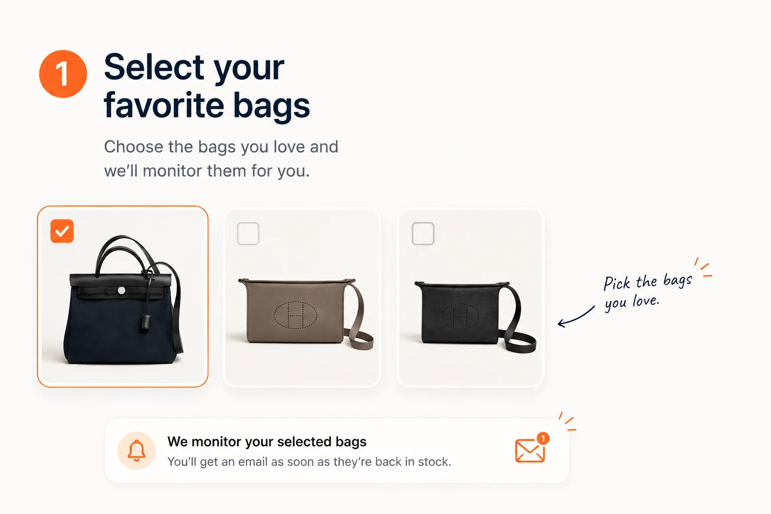 RestockAlerts interface showing a shopper selecting their favorite Hermès bags to monitor for back-in-stock restock alerts